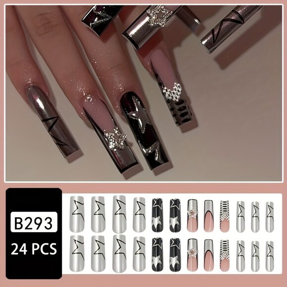 24pcs Chic Silvery Glossy Press-On Nails Set with 3D Heart & Star Accents - Picture 2 of 5